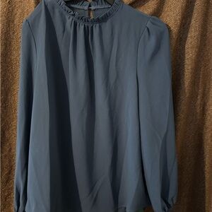 Frill Round Neck Keyhole Back Long Sleeve Work Blouse